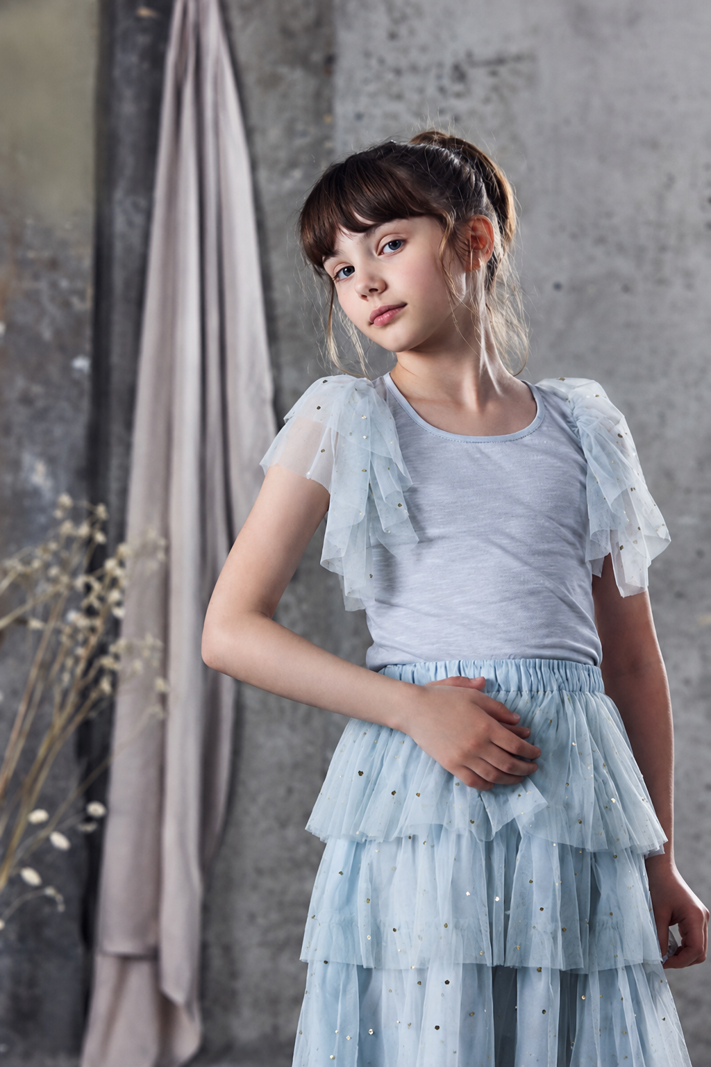 COTTON SLUB TOP WITH TULLE SLEEVES-ICE BLUE