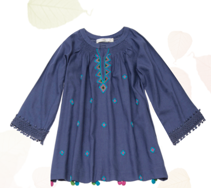 BOHEMIAN COTTON EMBROIDERED DRESS-BLUE