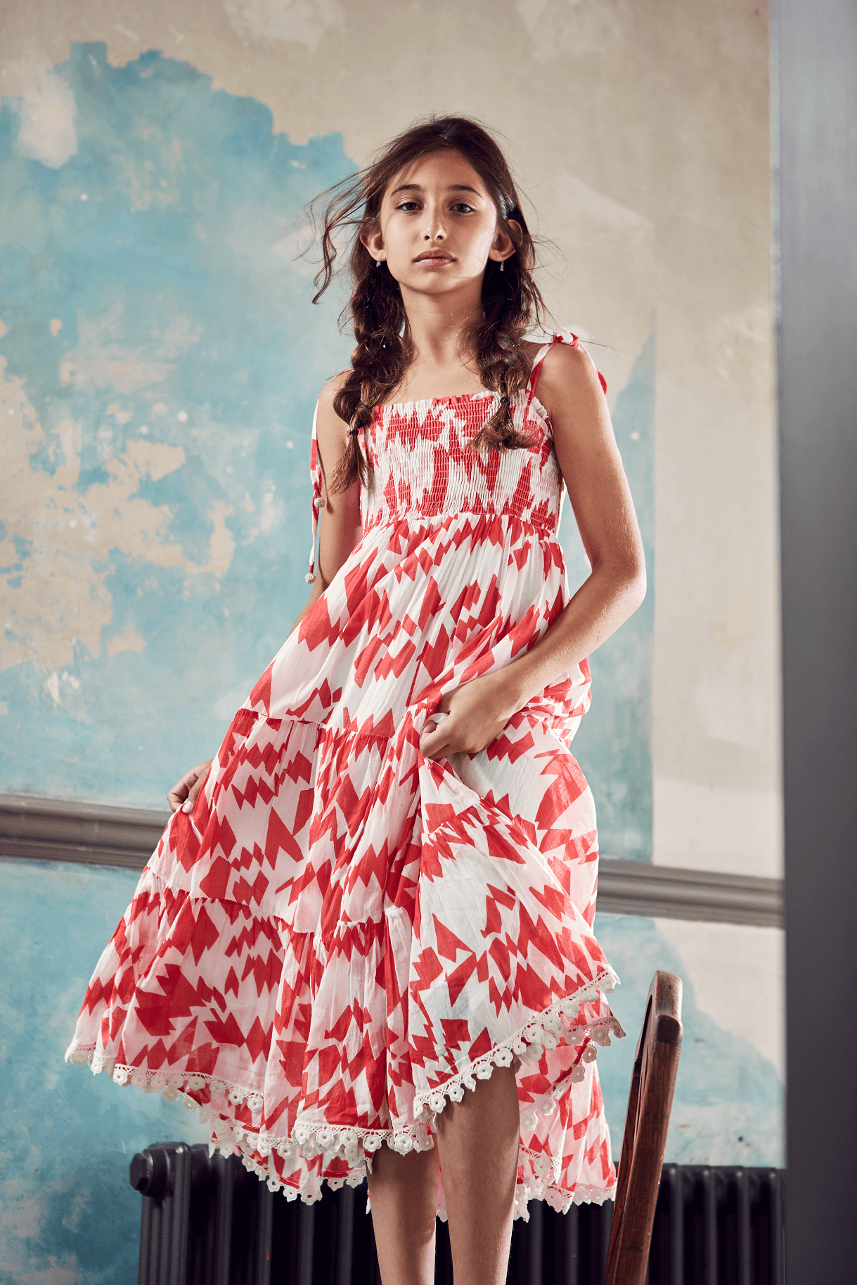 LARA DRESS - RED / WHITE ABSTRACT