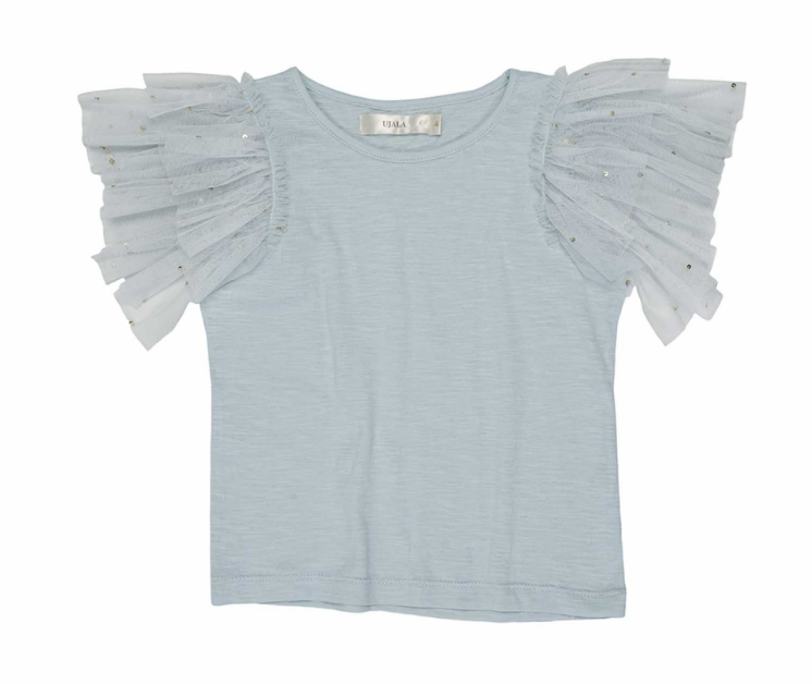 COTTON SLUB TOP WITH TULLE SLEEVES-ICE BLUE