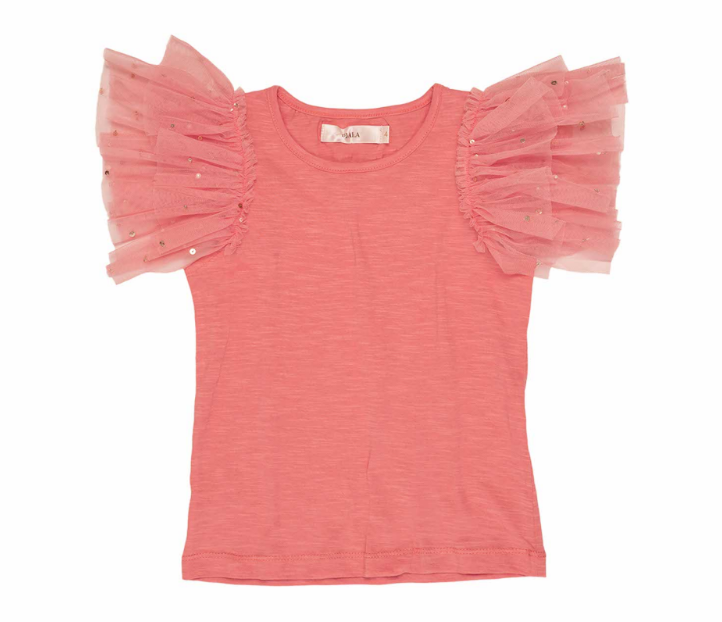 COTTON SLUB TOP WITH TULLE SLEEVES-CORAL