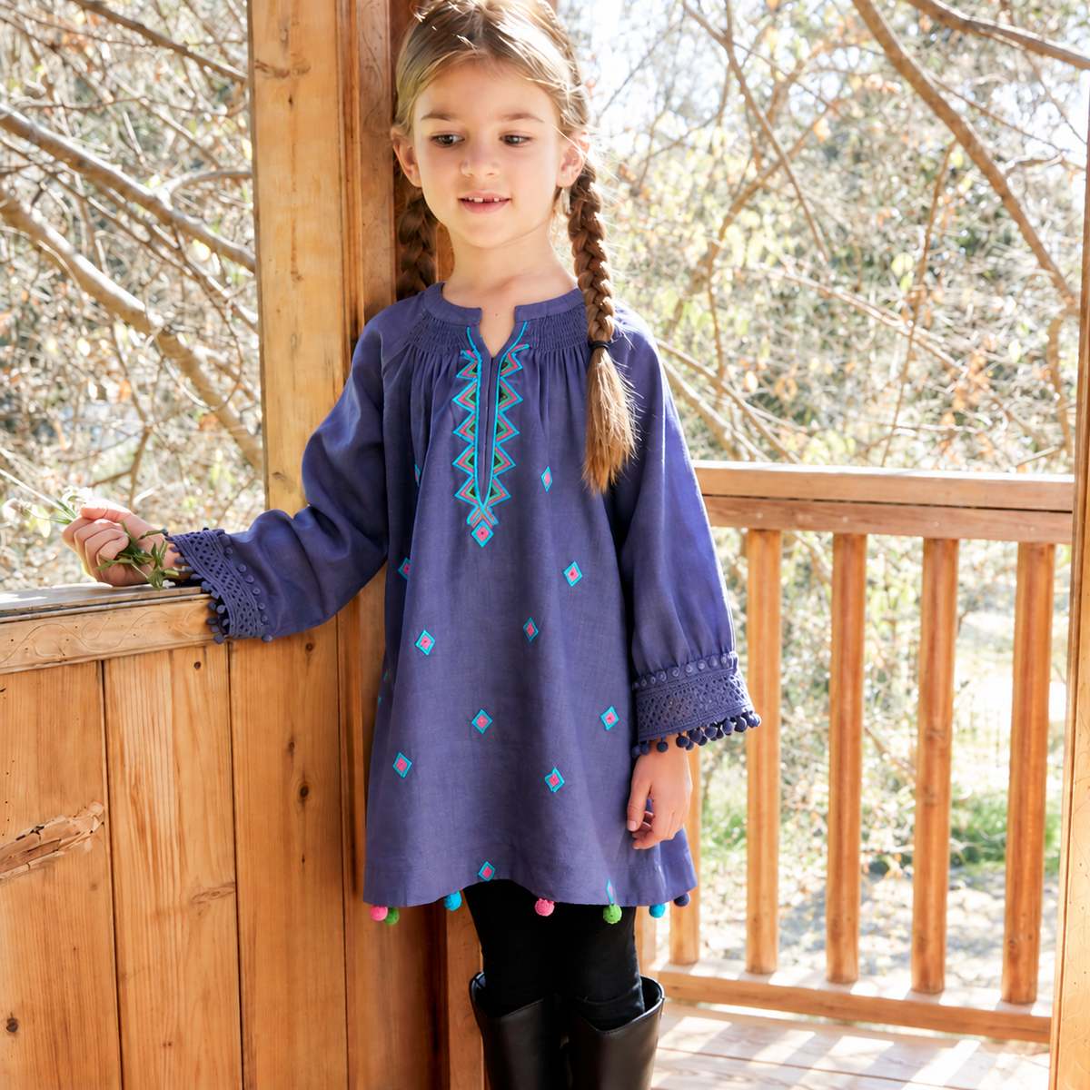 BOHEMIAN COTTON EMBROIDERED DRESS-BLUE
